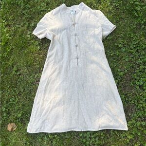 Vtg Orvis Dress Beige Linen‎ Blend Midi Short Sleeve Button Front Casual